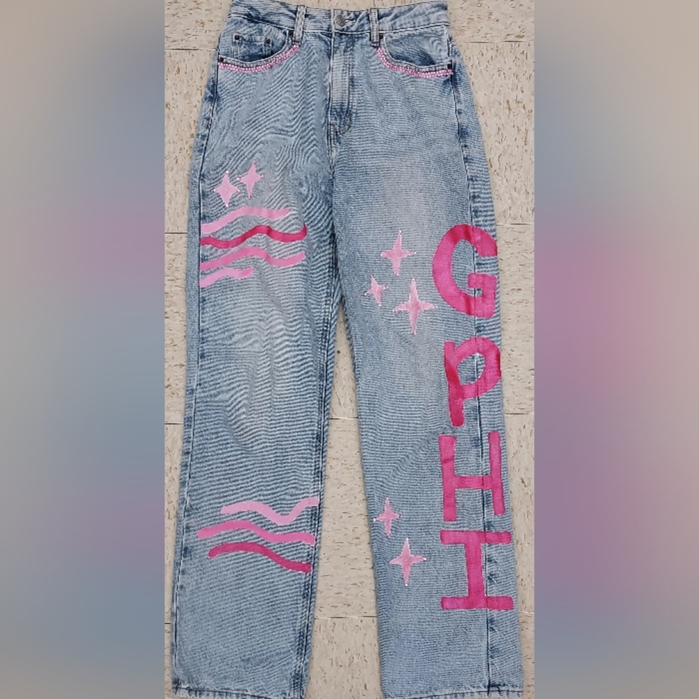 PacSun Light Indigo 90s Boyfriend Painted Jeans --Rare Design--